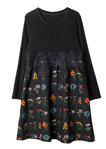 Fashion Black Embroidered Lace Patchwork Cotton Dress Spring RL024 ABC