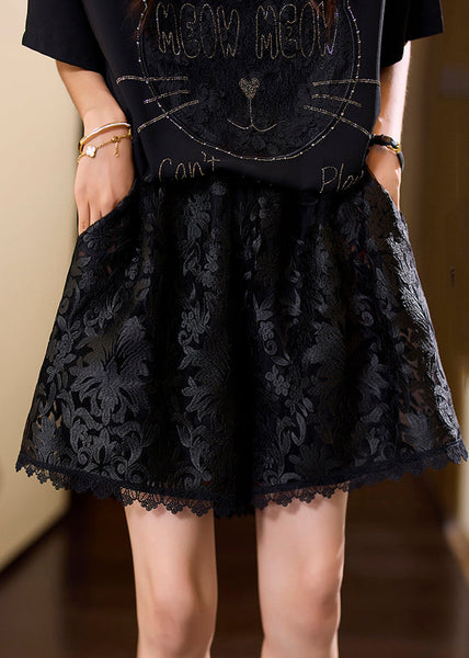 Fashion Black Embroidered Pockets Elastic Waist Lace Shorts Summer AC1012 Genistyle Shop