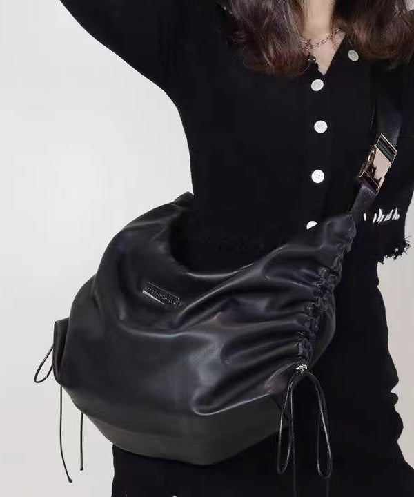 Fashion Black Faux Leather Drawstring Messenger Bag MM062 Bag-BGS240620