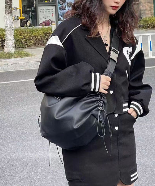 Fashion Black Faux Leather Drawstring Messenger Bag MM062 Bag-BGS240620