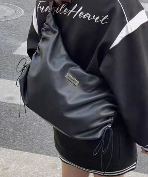 Fashion Black Faux Leather Drawstring Messenger Bag MM062 Bag-BGS240620