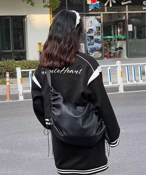 Fashion Black Faux Leather Drawstring Messenger Bag MM062 Bag-BGS240620