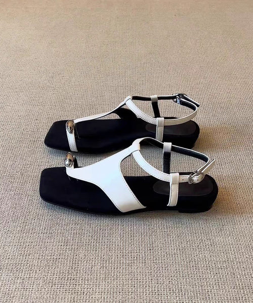 Fashion Leather Flat Black Sandals Splicing Flops Flip Faux FashionChic