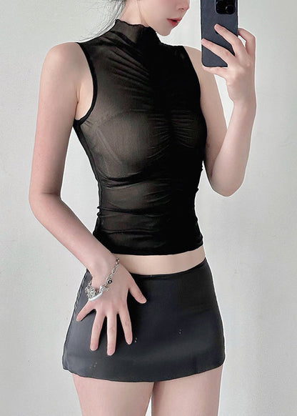 Fashion Black Hign Neck Wrinkled Tulle Top Sleeveless AL1063 Genistyle Shop