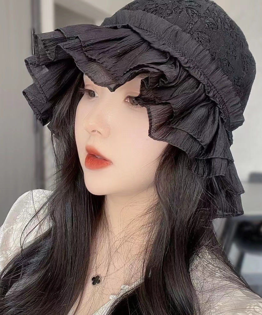 Fashion Black Hollow Out Lace Ruffles Bucket Hat YU1016 Hat-HAT240528