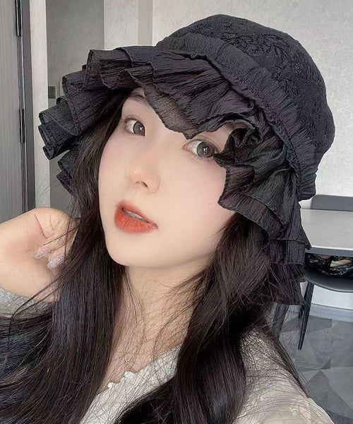 Fashion Black Hollow Out Lace Ruffles Bucket Hat YU1016 Hat-HAT240528