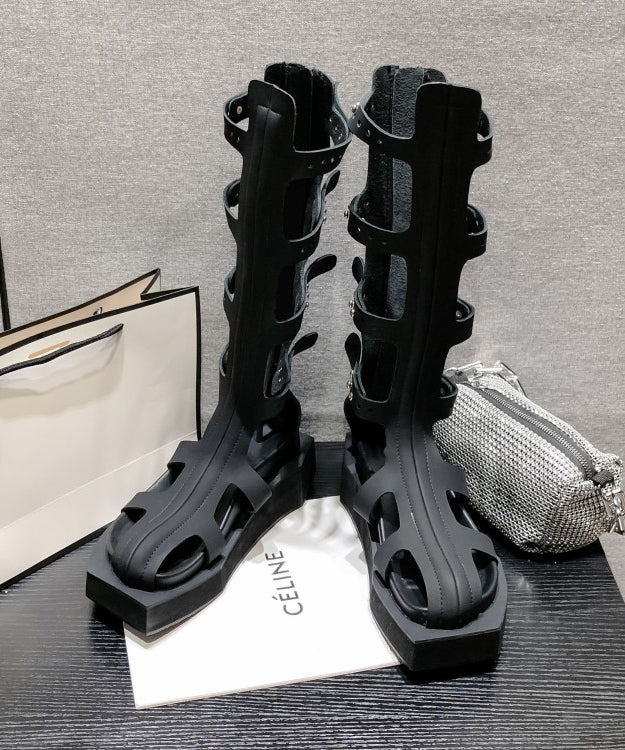 Fashion Black Hollow Out Rivet Zippered Splicing Platform Boots DD1014 Shoe-XZ240605