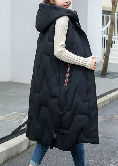 Fashion Black Hooded Patchwork Long Duck Down Vest Sleeveless TD032