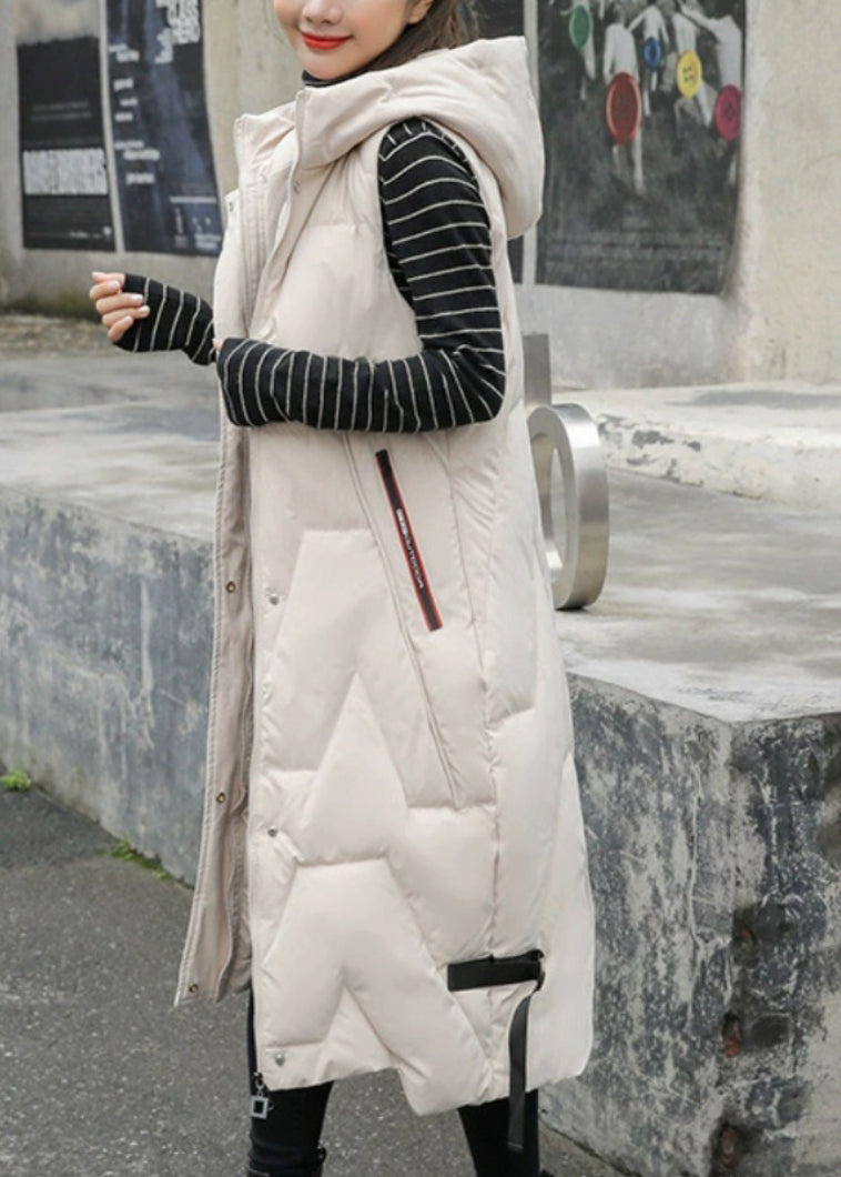 Fashion Black Hooded Patchwork Long Duck Down Vest Sleeveless TD032