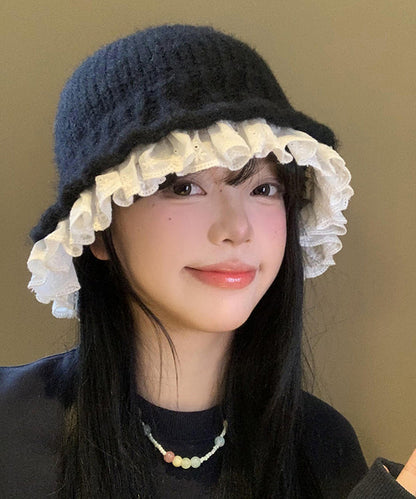 Fashion Black Lace Patchwork Knit Bucket Hat RS007 ABC