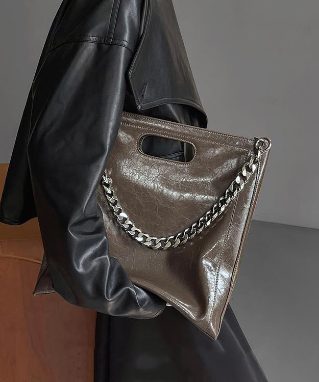 Capacity Large Linked Calf Shoulder Fashion Leather Chain Black FashionChic