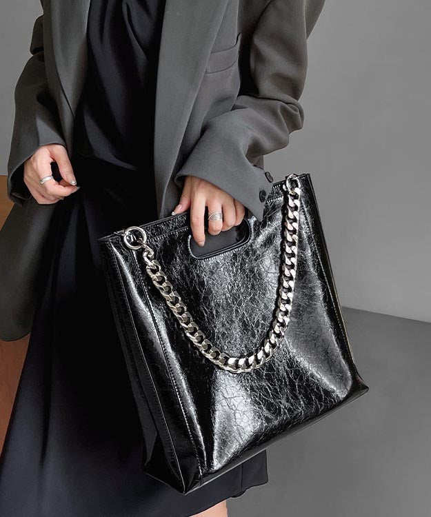 Capacity Large Linked Calf Shoulder Fashion Leather Chain Black FashionChic