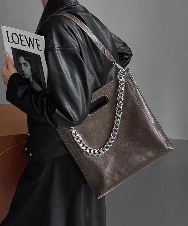 Capacity Large Linked Calf Shoulder Fashion Leather Chain Black FashionChic