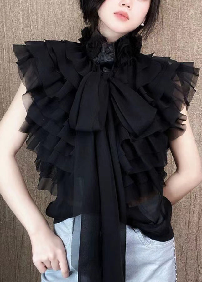 Fashion Black Layered Ruffled Stand Collar Bow Shirts Summer ZL071 SH-LF-STP240621