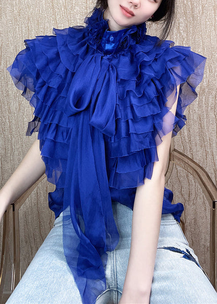 Fashion Black Layered Ruffled Stand Collar Bow Shirts Summer ZL071 SH-LF-STP240621