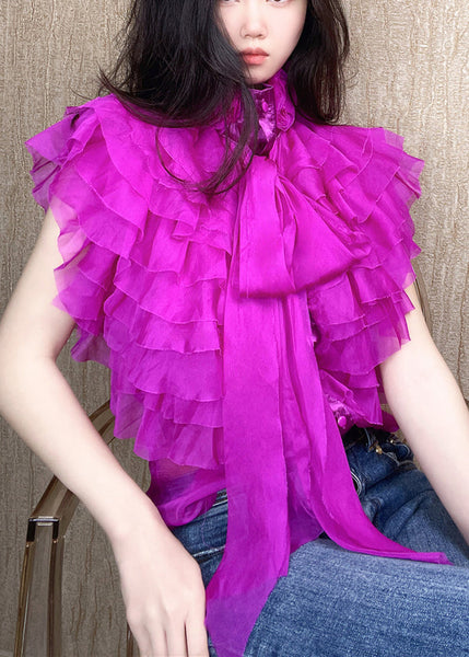 Fashion Black Layered Ruffled Stand Collar Bow Shirts Summer ZL071 SH-LF-STP240621