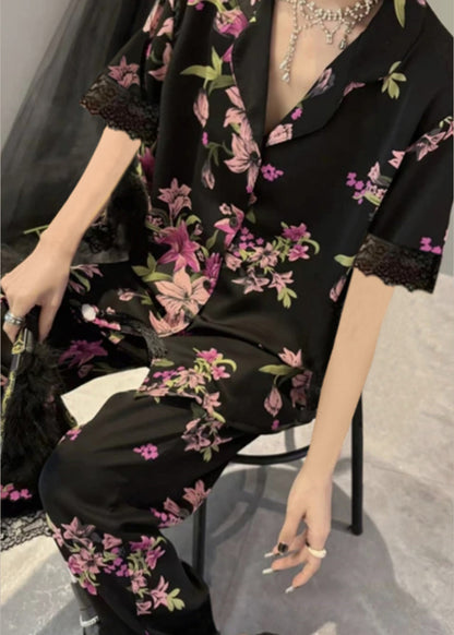 Fashion Black Notched Print Button Ice Silk Two Pieces Set Summer XS1006 Ada Fashion