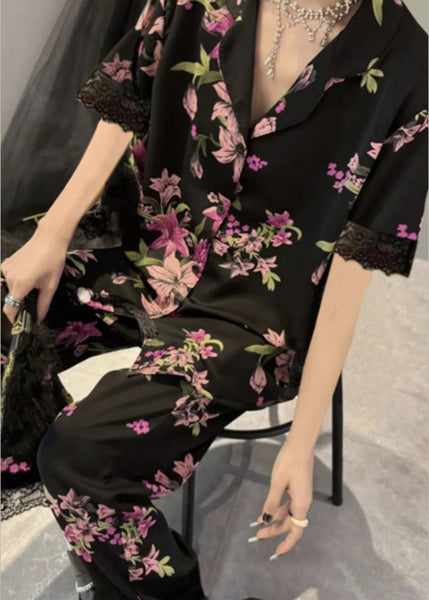 Fashion Black Notched Print Button Ice Silk Two Pieces Set Summer XS1006 Ada Fashion