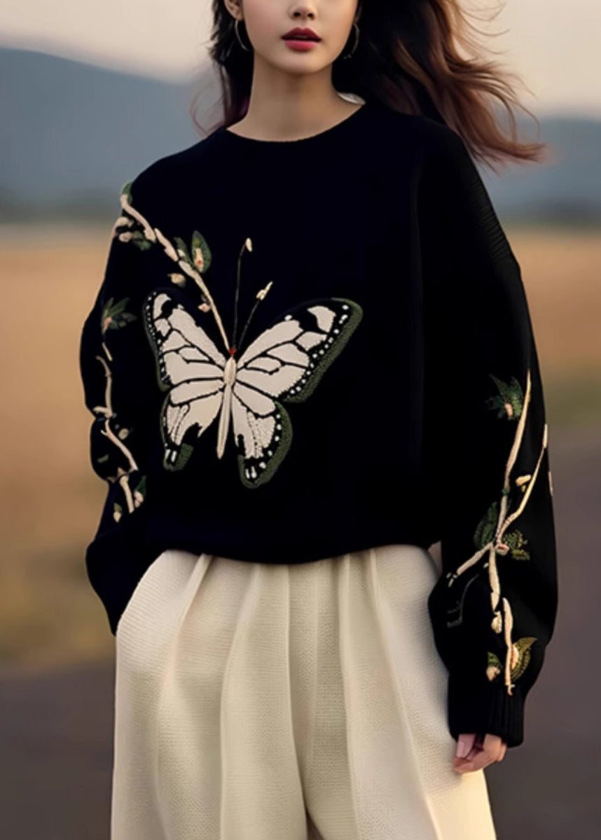 Fashion Black O Neck Butterfly Print Knit Sweaters Spring YY007 ABC