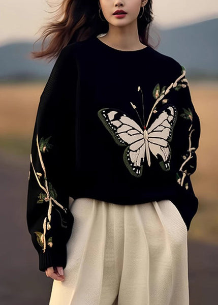 Fashion Black O Neck Butterfly Print Knit Sweaters Spring YY007 ABC