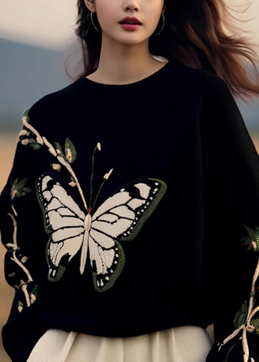 Fashion Black O Neck Butterfly Print Knit Sweaters Spring YY007 ABC