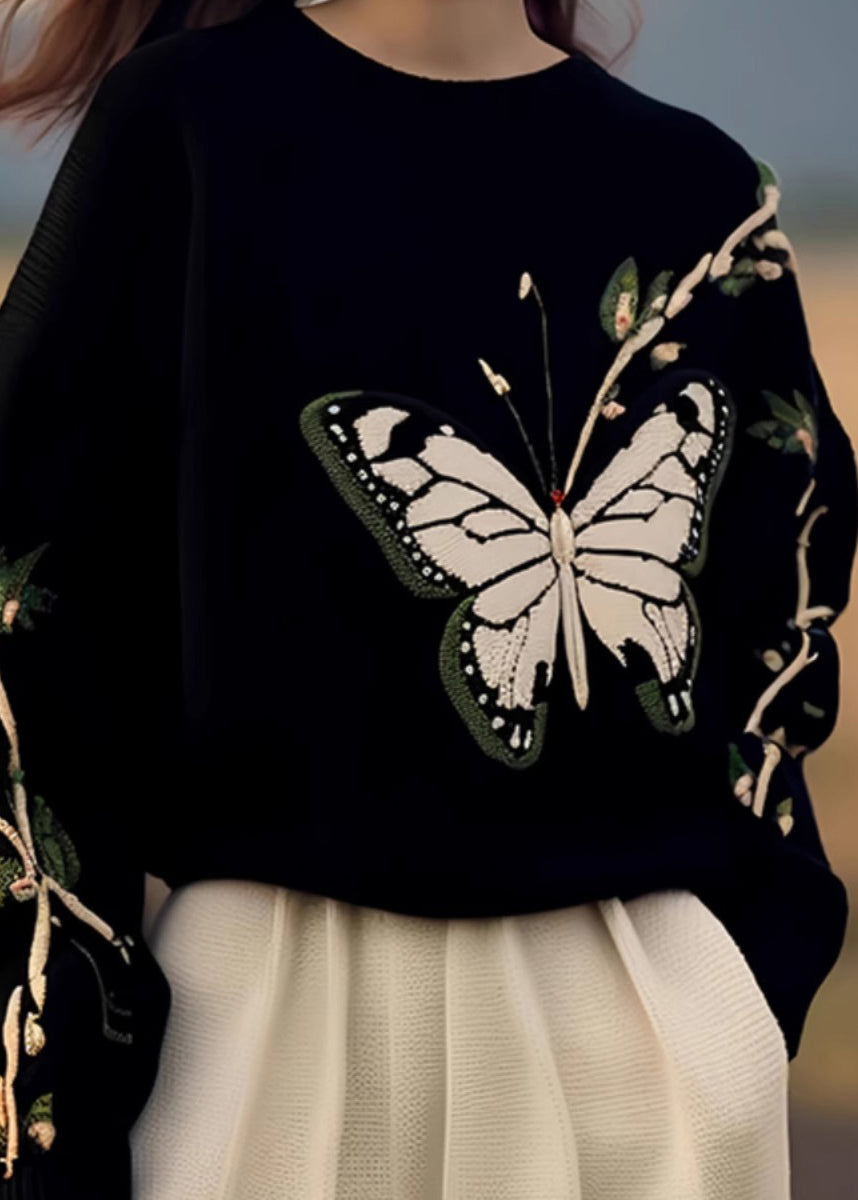 Fashion Black O Neck Butterfly Print Knit Sweaters Spring YY007 ABC