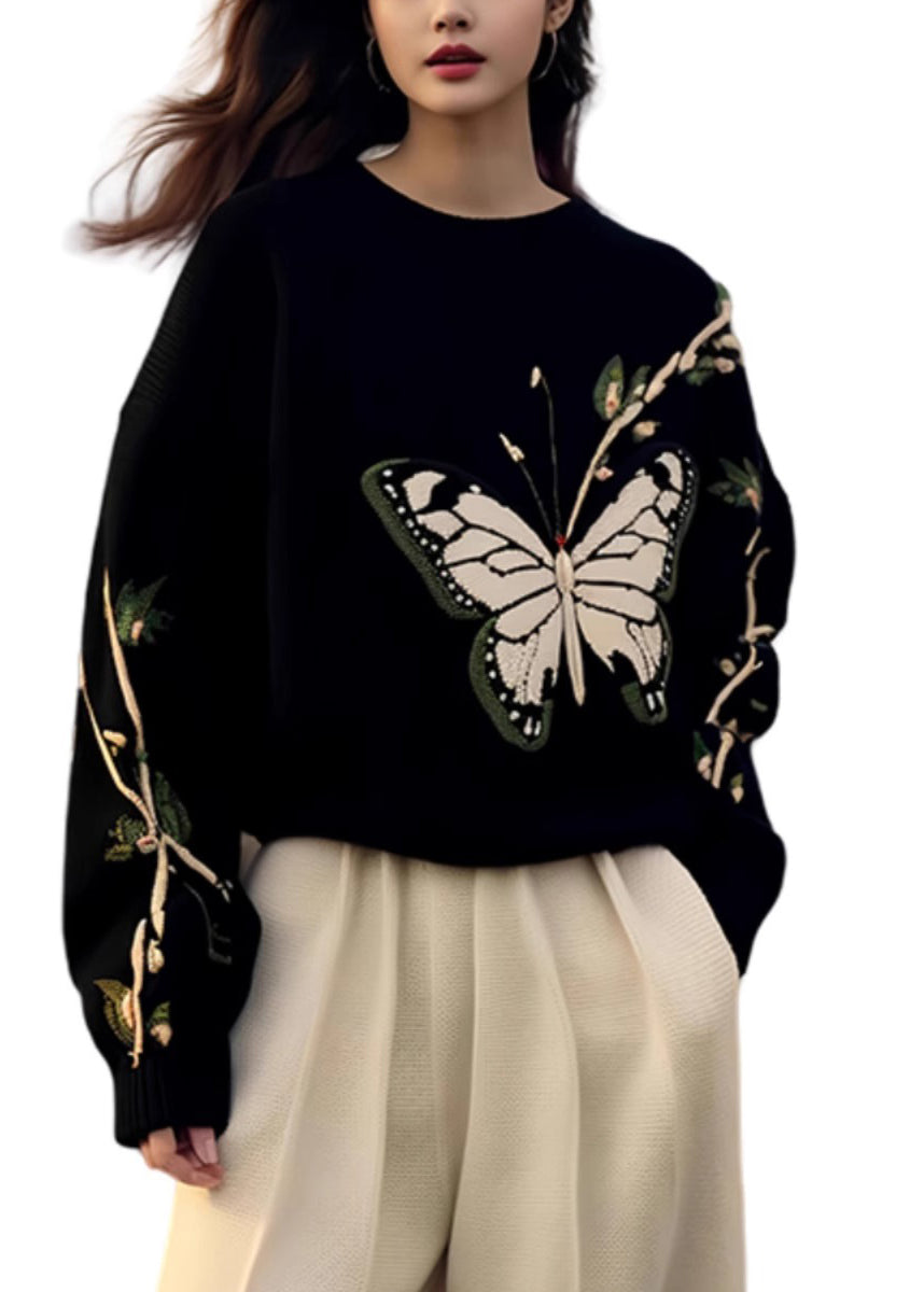 Fashion Black O Neck Butterfly Print Knit Sweaters Spring YY007 ABC