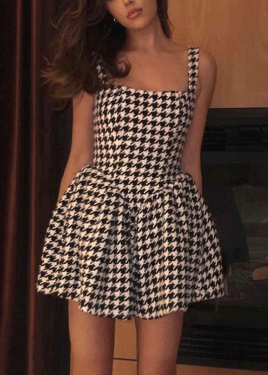 Summer Dress Spaghetti Fashion Black Cotton Strap Plaid FashionChic