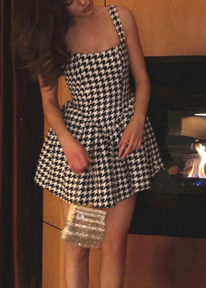 Summer Dress Spaghetti Fashion Black Cotton Strap Plaid FashionChic