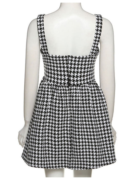 Summer Dress Spaghetti Fashion Black Cotton Strap Plaid FashionChic