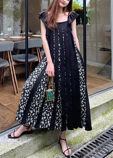 Fashion Black Print Wrinkled Patchwork Cotton Dresses Summer WW1022 Ada Fashion
