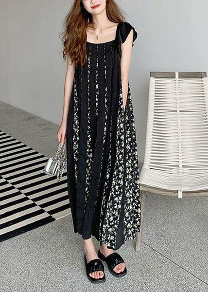 Fashion Black Print Wrinkled Patchwork Cotton Dresses Summer WW1022 Ada Fashion