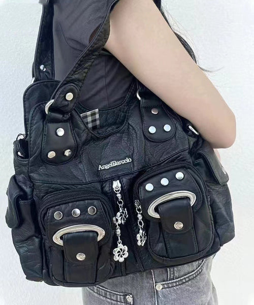 Fashion Black Rivet Faux Leather Satchel Handbag MM047 Bag-BGS240620