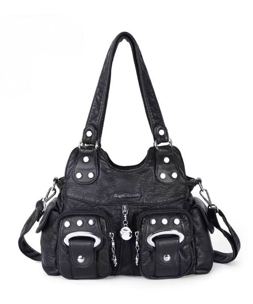 Fashion Black Rivet Faux Leather Satchel Handbag MM047 Bag-BGS240620