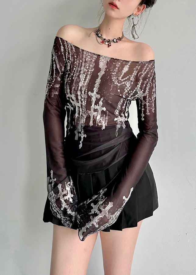 Fashion Black Slash Neck Print Tulle Top Fall AL1070 Genistyle Shop