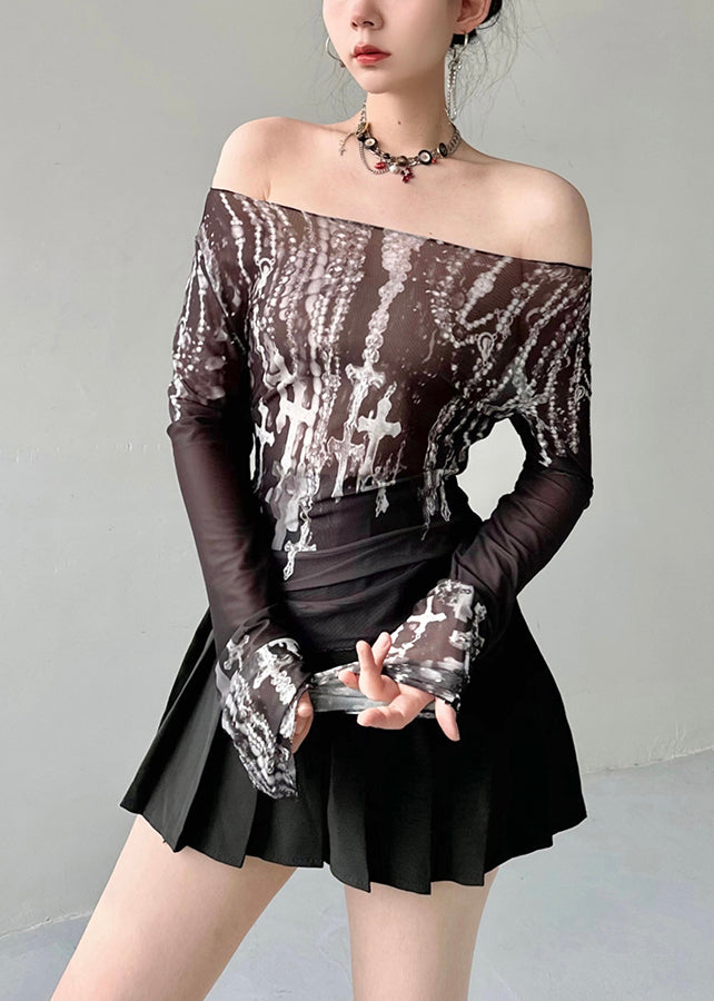 Fashion Black Slash Neck Print Tulle Top Fall AL1070 Genistyle Shop