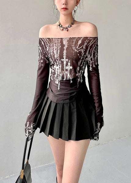 Fashion Black Slash Neck Print Tulle Top Fall AL1070 Genistyle Shop