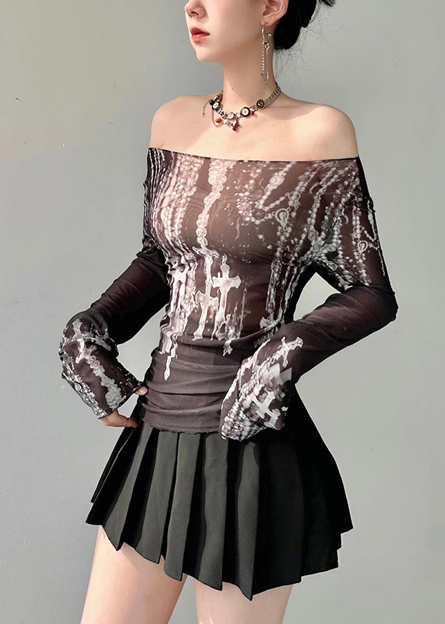 Fashion Black Slash Neck Print Tulle Top Fall AL1070 Genistyle Shop