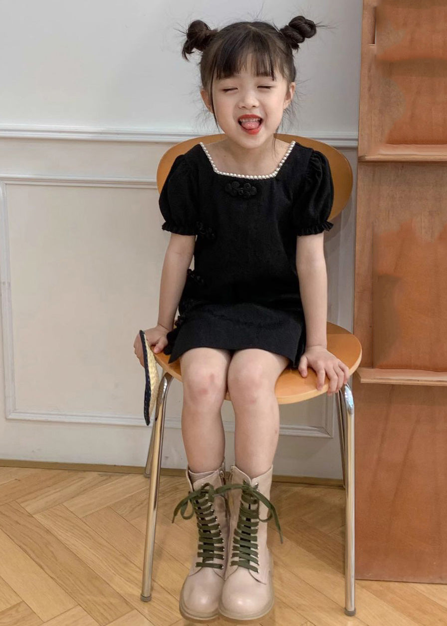 Fashion Black Square Collar Embroideried Girls Mid Dresses Summer MN019 MM-RCTZ-SDGM240701