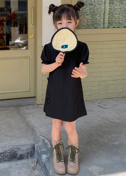 Fashion Black Square Collar Embroideried Girls Mid Dresses Summer MN019 MM-RCTZ-SDGM240701