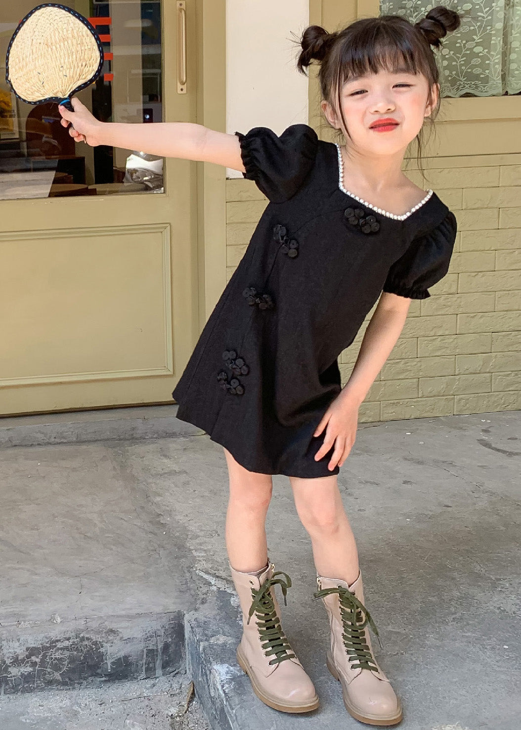 Fashion Black Square Collar Embroideried Girls Mid Dresses Summer MN019 MM-RCTZ-SDGM240701