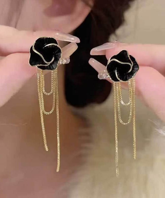 Fashion Black Sterling Silver Overgild Camellia Tassel Drop Earrings RG008 ABC