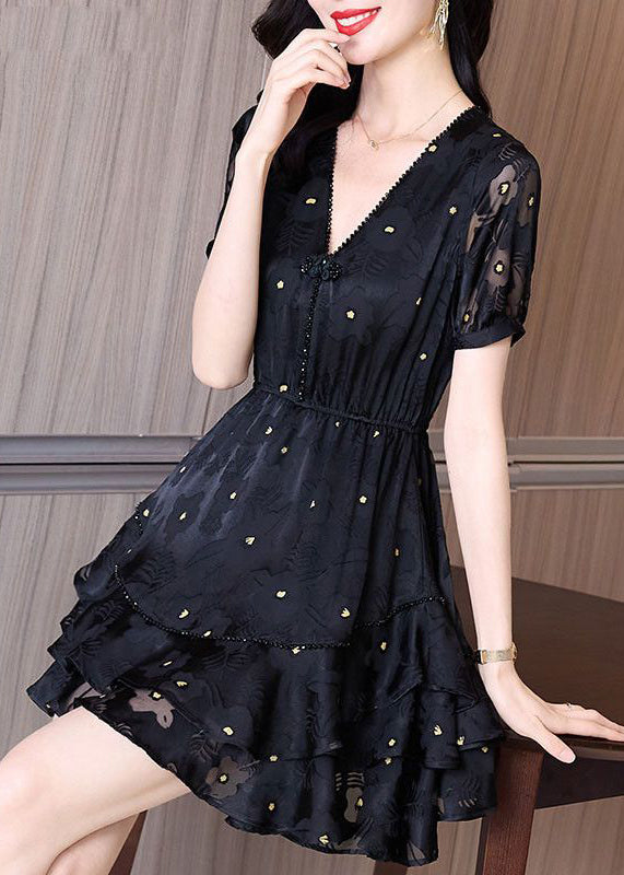 Patchwork Dress Cinched Mid V Fashion Tulle Neck Summer Black FashionChic