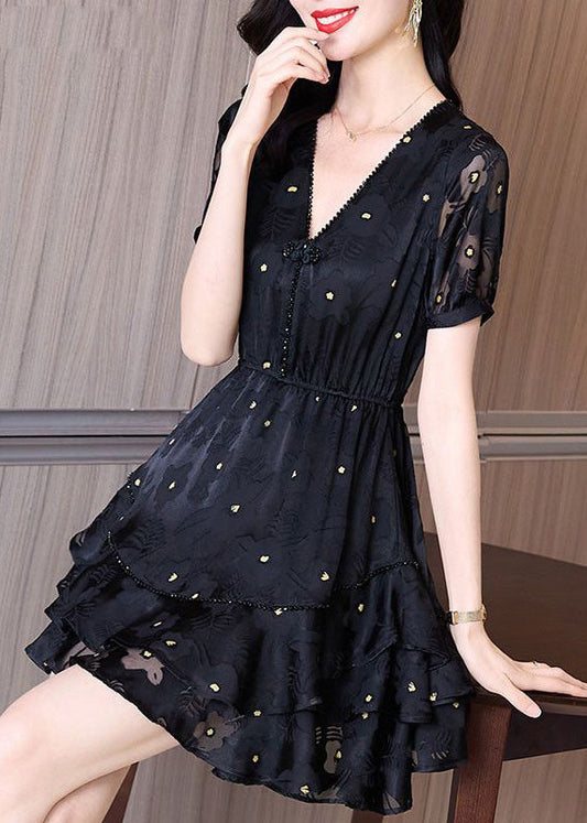Patchwork Dress Cinched Mid V Fashion Tulle Neck Summer Black FashionChic