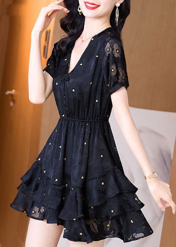 Patchwork Dress Cinched Mid V Fashion Tulle Neck Summer Black FashionChic