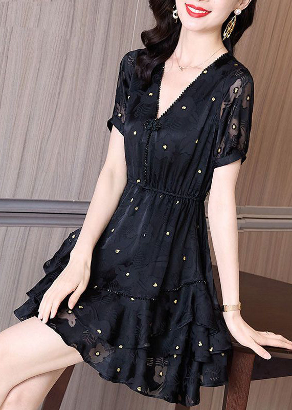 Patchwork Dress Cinched Mid V Fashion Tulle Neck Summer Black FashionChic