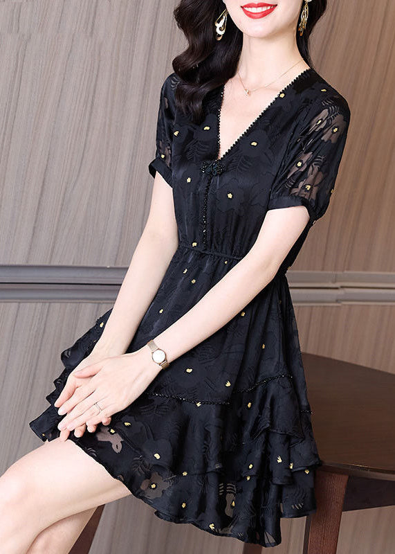 Patchwork Dress Cinched Mid V Fashion Tulle Neck Summer Black FashionChic