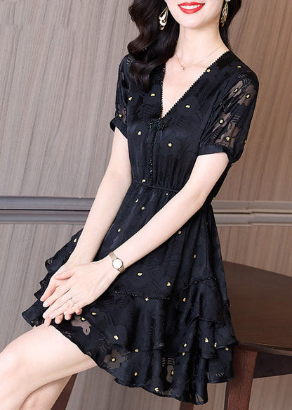 Patchwork Dress Cinched Mid V Fashion Tulle Neck Summer Black FashionChic