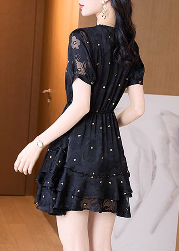 Patchwork Dress Cinched Mid V Fashion Tulle Neck Summer Black FashionChic