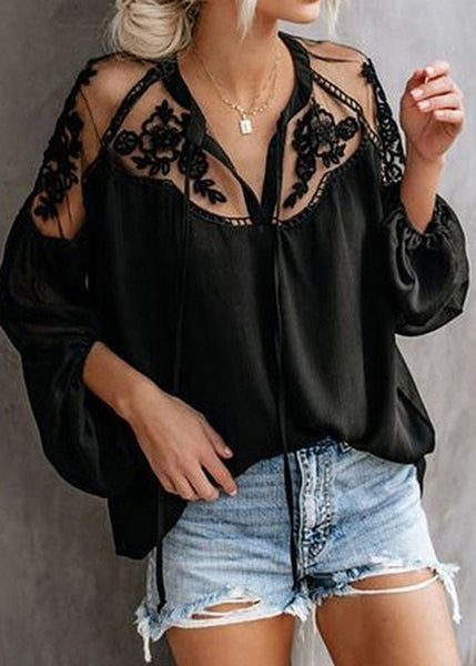 Lantern Floral Neck Tops Sleeve Chiffon V Black Fashion FashionChic